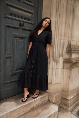 Black Tiered Linen Blend V Neck Maxi Dress Regular price