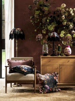 M&S X National Gallery - M&S X National Gallery Floor Lamp £129, M&S X National Gallery Velvet Ruffle Bolster £29.50, M&S X National Gallery Velvet Ruffle Cushion £25
